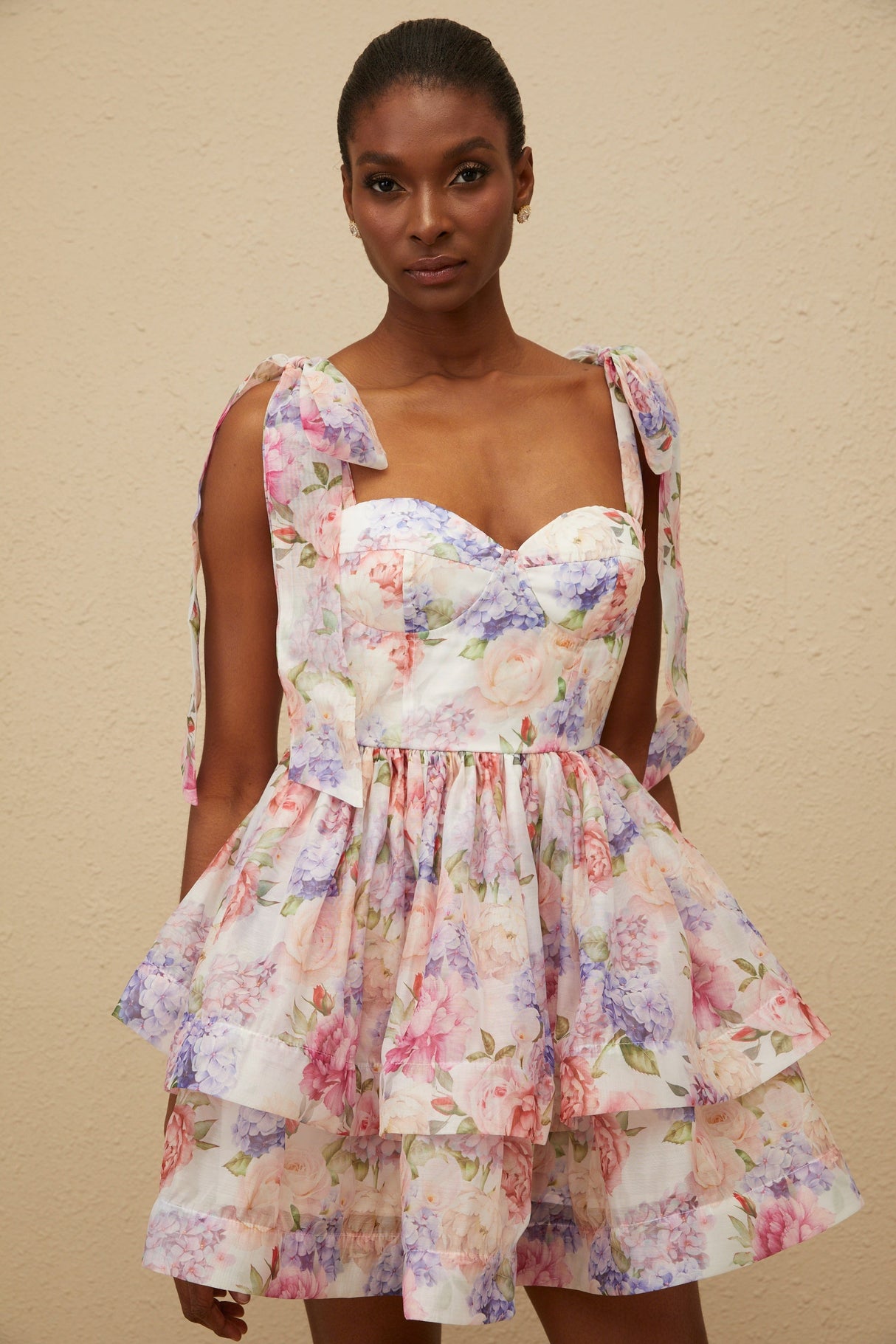 Aurohaya Hélène Pink Flounced Floral Print Mini Dress