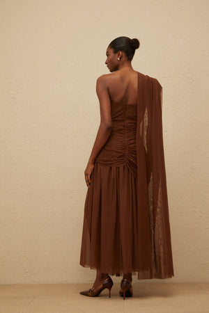 Aurohaya Agathe Brown Asymmetrical Evening Maxi Gown