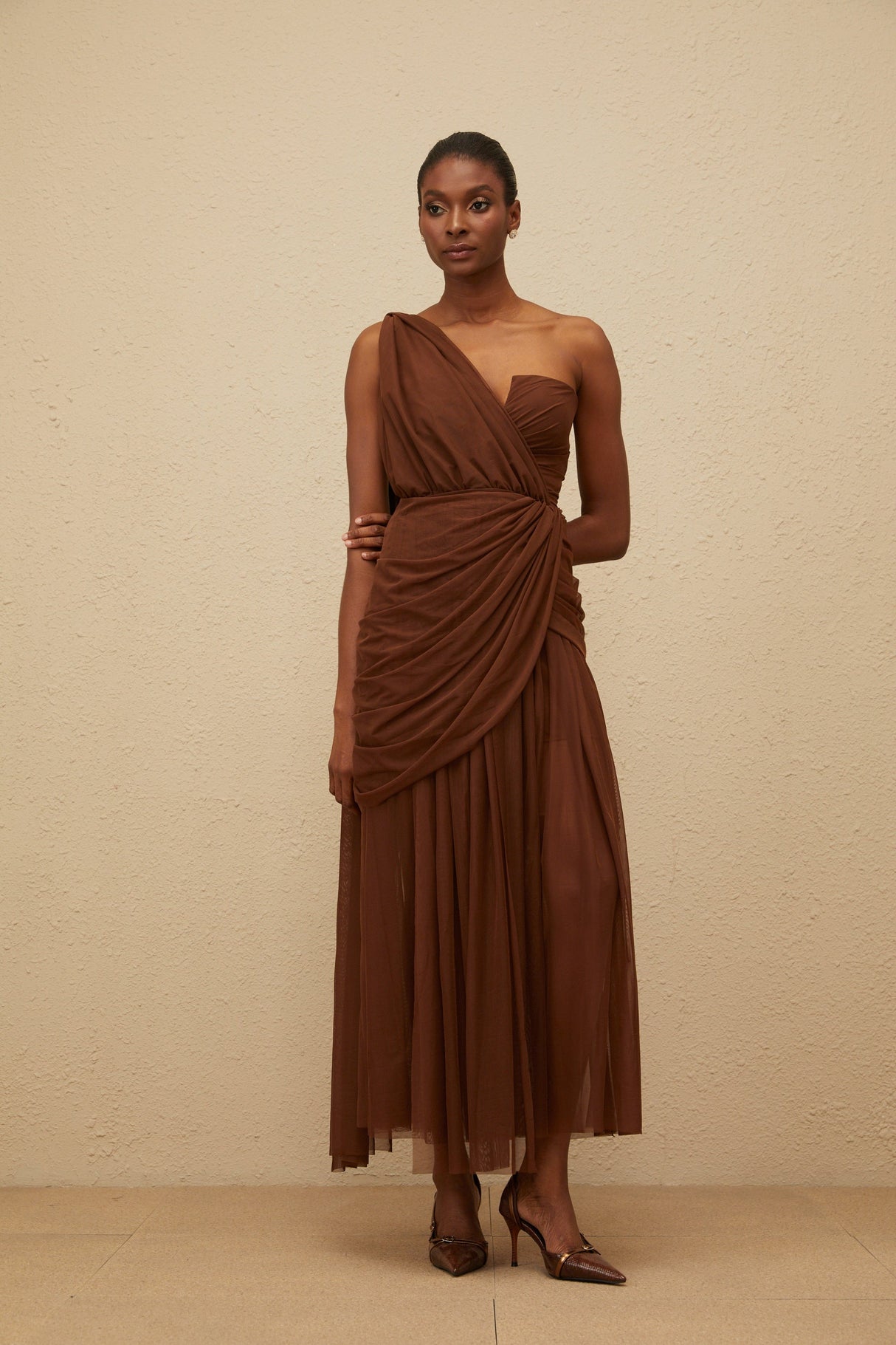 Aurohaya Agathe Brown Asymmetrical Evening Maxi Gown