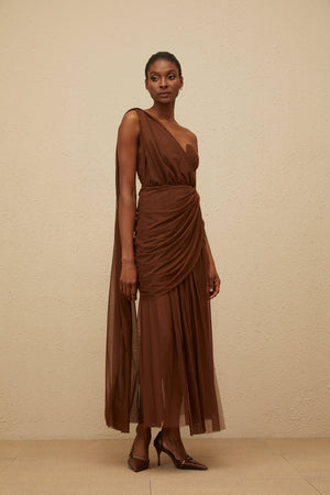 Aurohaya Agathe Brown Asymmetrical Evening Maxi Gown