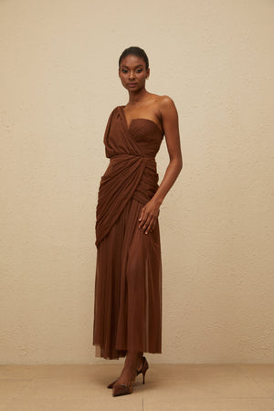Aurohaya Agathe Brown Asymmetrical Evening Maxi Gown