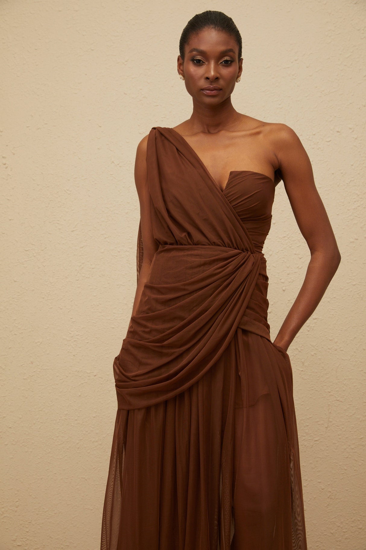 Aurohaya Agathe Brown Asymmetrical Evening Maxi Gown