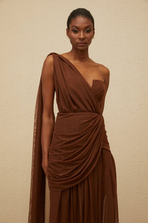 Aurohaya Agathe Brown Asymmetrical Evening Maxi Gown