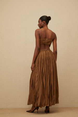 Aurohaya Déotille Brown Braided Cutout Shirred Midi Dress
