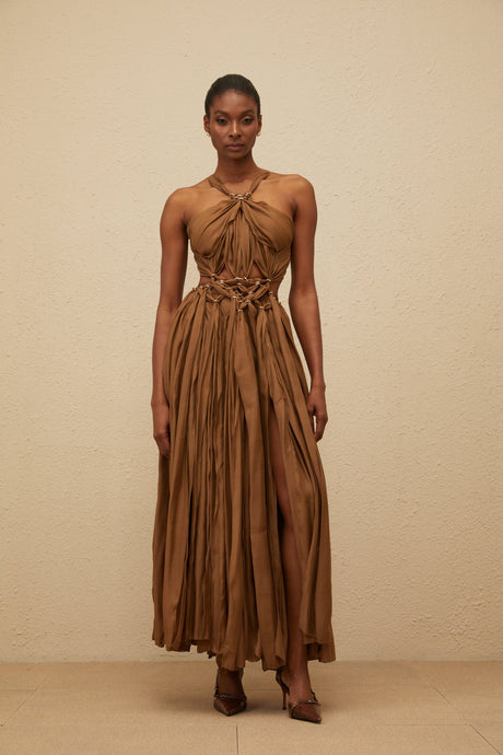 Aurohaya Déotille Brown Braided Cutout Shirred Midi Dress