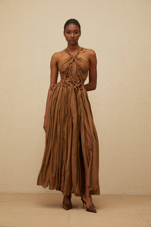 Aurohaya Déotille Brown Braided Cutout Shirred Midi Dress