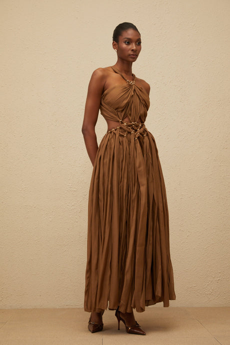 Aurohaya Déotille Brown Braided Cutout Shirred Midi Dress