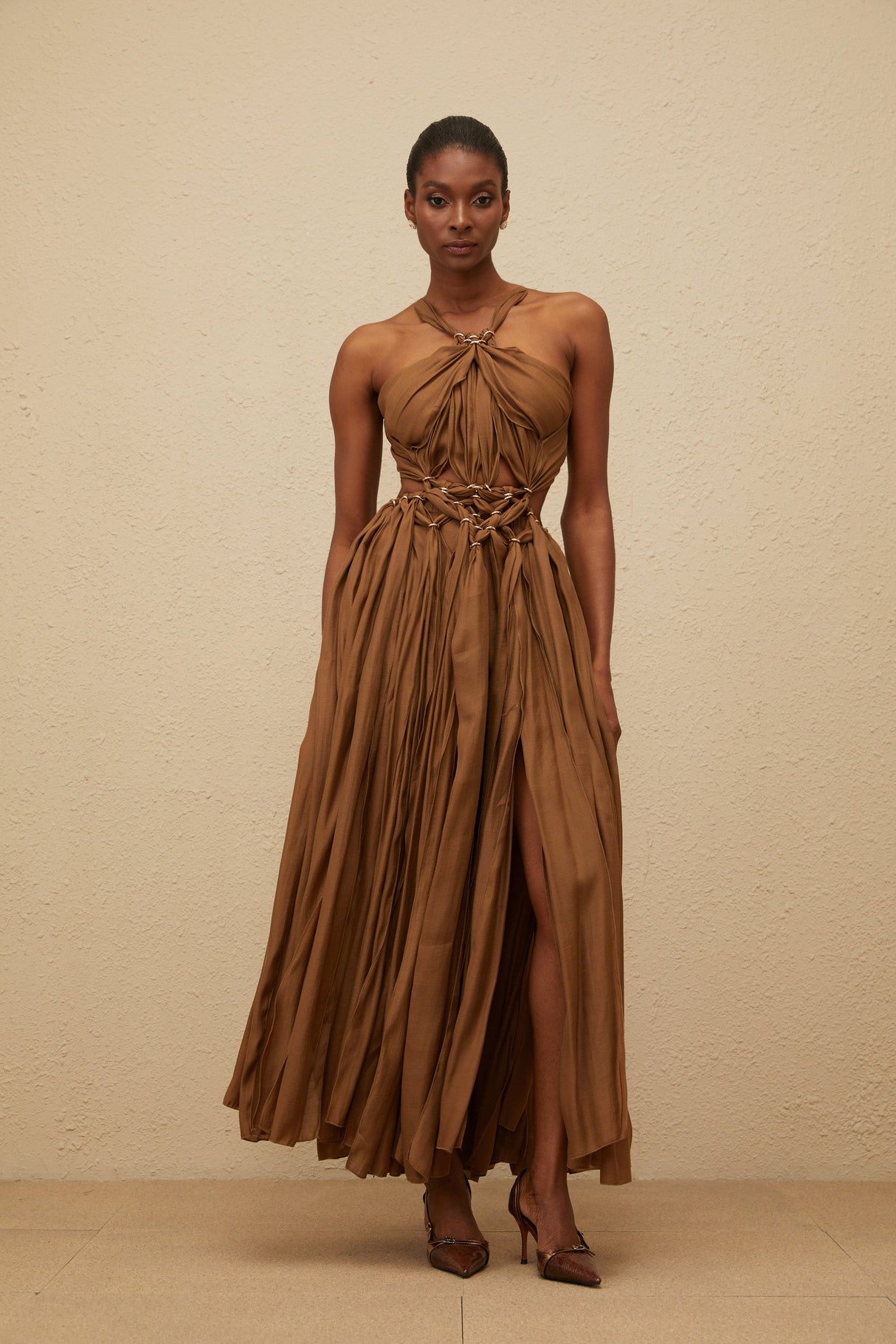 Aurohaya Déotille Brown Braided Cutout Shirred Midi Dress