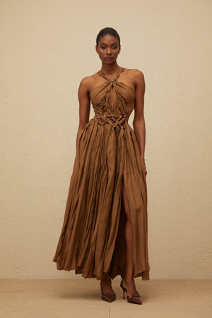 Aurohaya Déotille Brown Braided Cutout Shirred Midi Dress