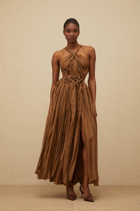 Aurohaya Déotille Brown Braided Cutout Shirred Midi Dress
