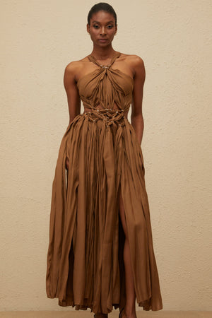 Aurohaya Déotille Brown Braided Cutout Shirred Midi Dress