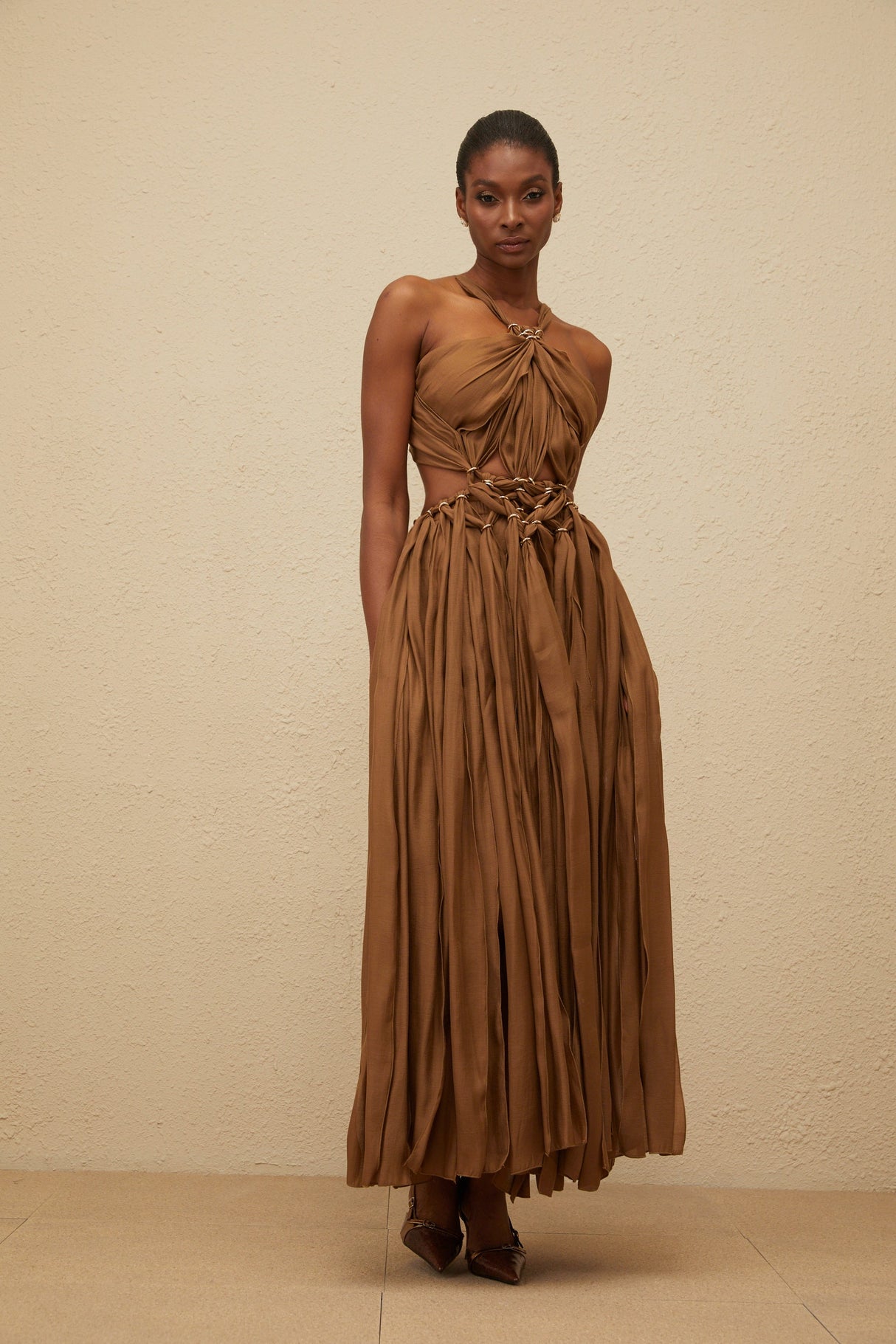 Aurohaya Déotille Brown Braided Cutout Shirred Midi Dress