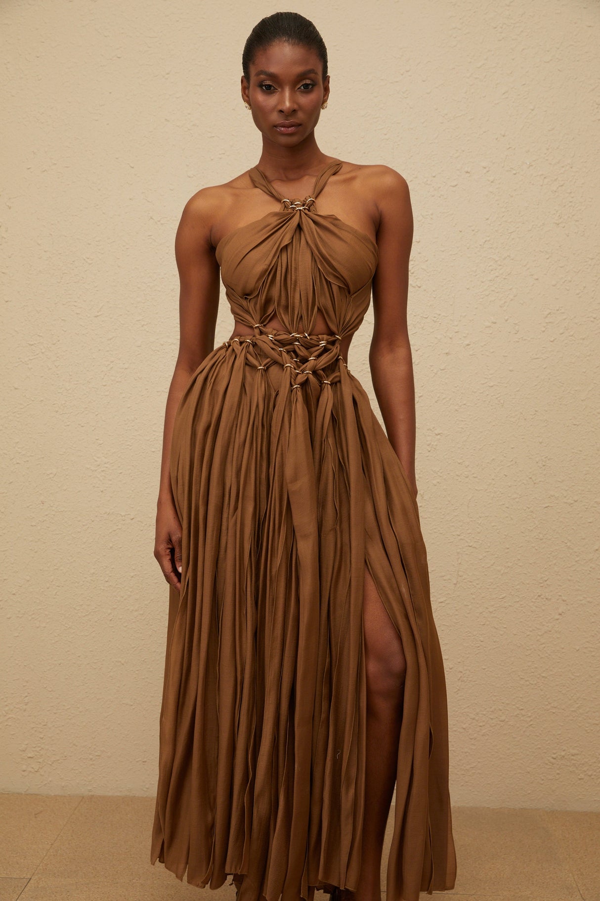 Aurohaya Déotille Brown Braided Cutout Shirred Midi Dress
