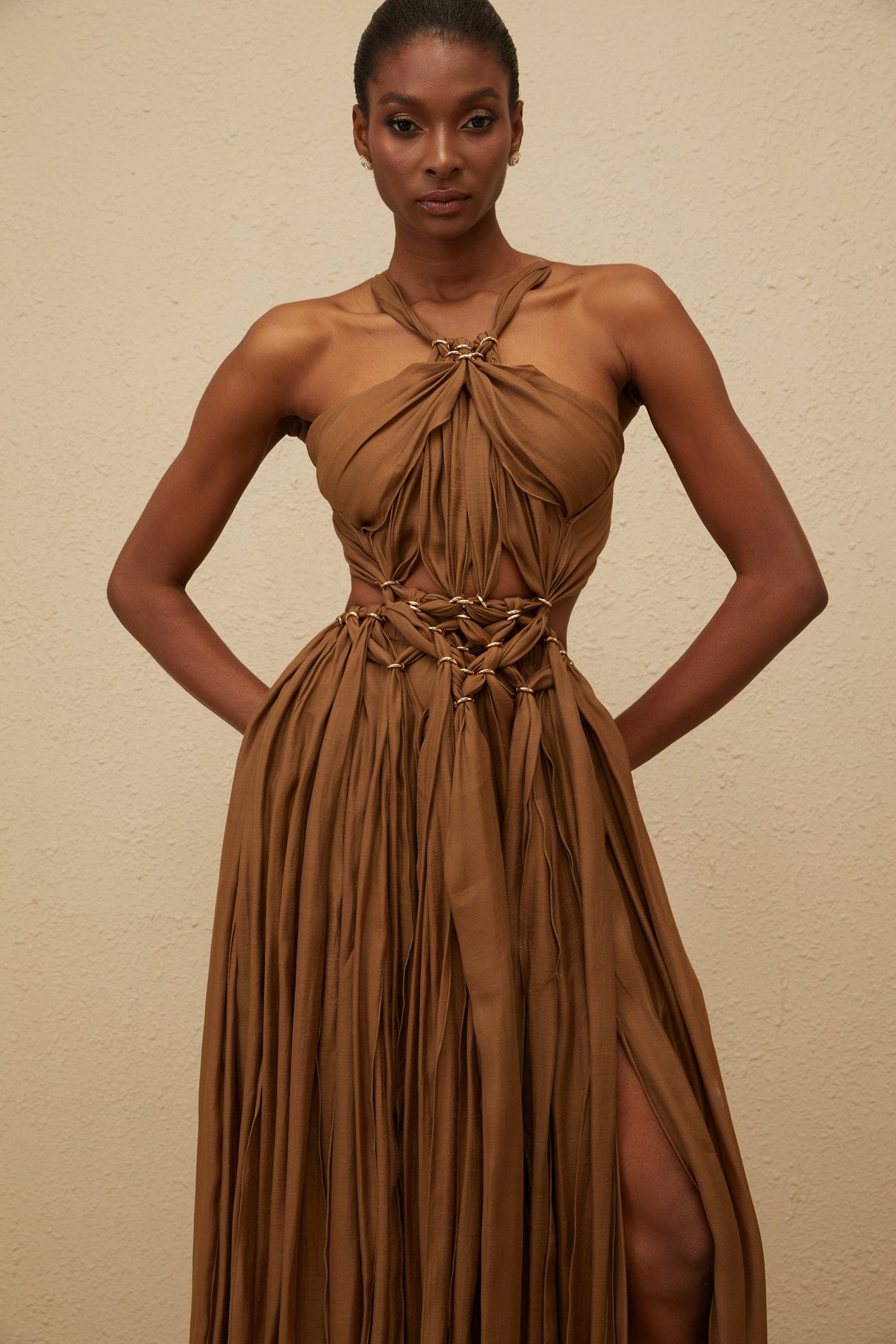 Aurohaya Déotille Brown Braided Cutout Shirred Midi Dress