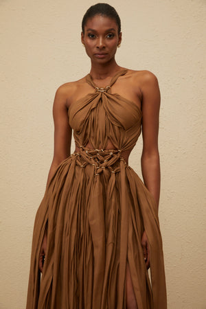 Aurohaya Déotille Brown Braided Cutout Shirred Midi Dress