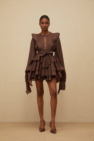 Aurohaya Annabelle Brown Cutout Ruffled Mini Dress