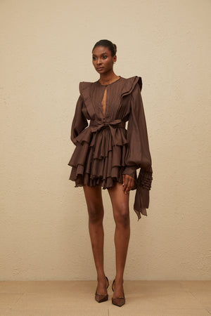 Aurohaya Annabelle Brown Cutout Ruffled Mini Dress