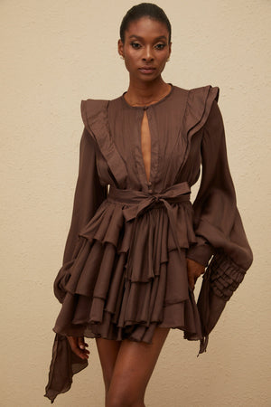 Aurohaya Annabelle Brown Cutout Ruffled Mini Dress