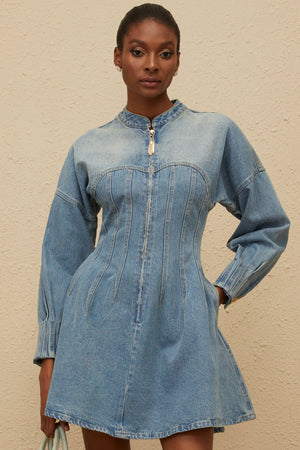 Aurohaya Esme Blue Flared Denim Mini Dress