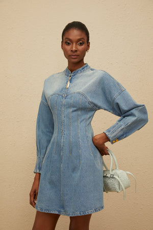 Aurohaya Esme Blue Flared Denim Mini Dress