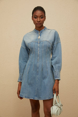 Aurohaya Esme Blue Flared Denim Mini Dress