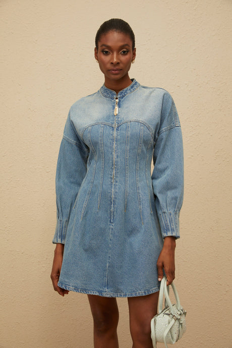 Aurohaya Esme Blue Flared Denim Mini Dress