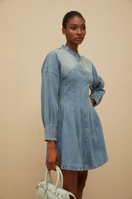 Aurohaya Esme Blue Flared Denim Mini Dress