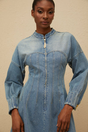 Aurohaya Esme Blue Flared Denim Mini Dress
