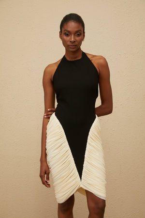 Aurohaya Jade Black Ruched Halterneck Midi Bodycon Dress