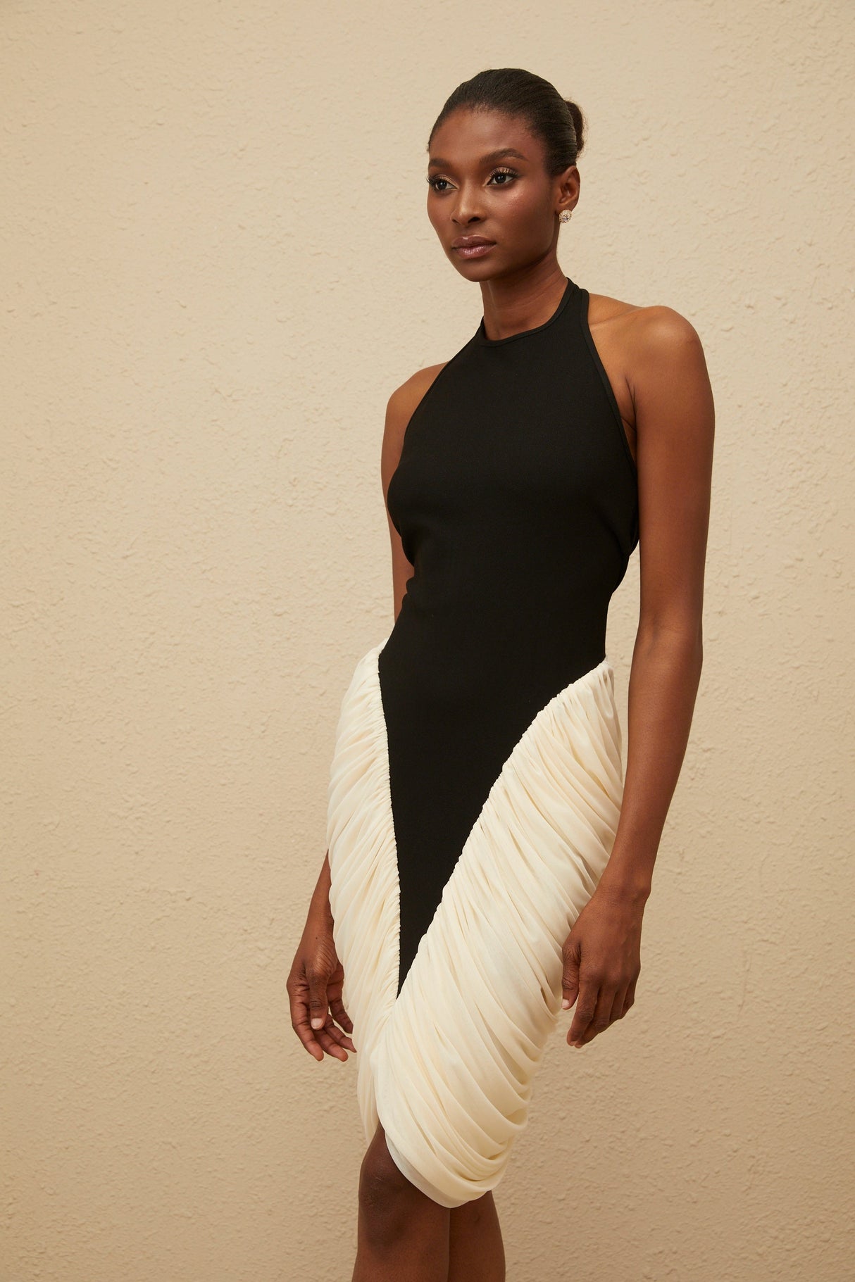 Aurohaya Jade Black Ruched Halterneck Midi Bodycon Dress