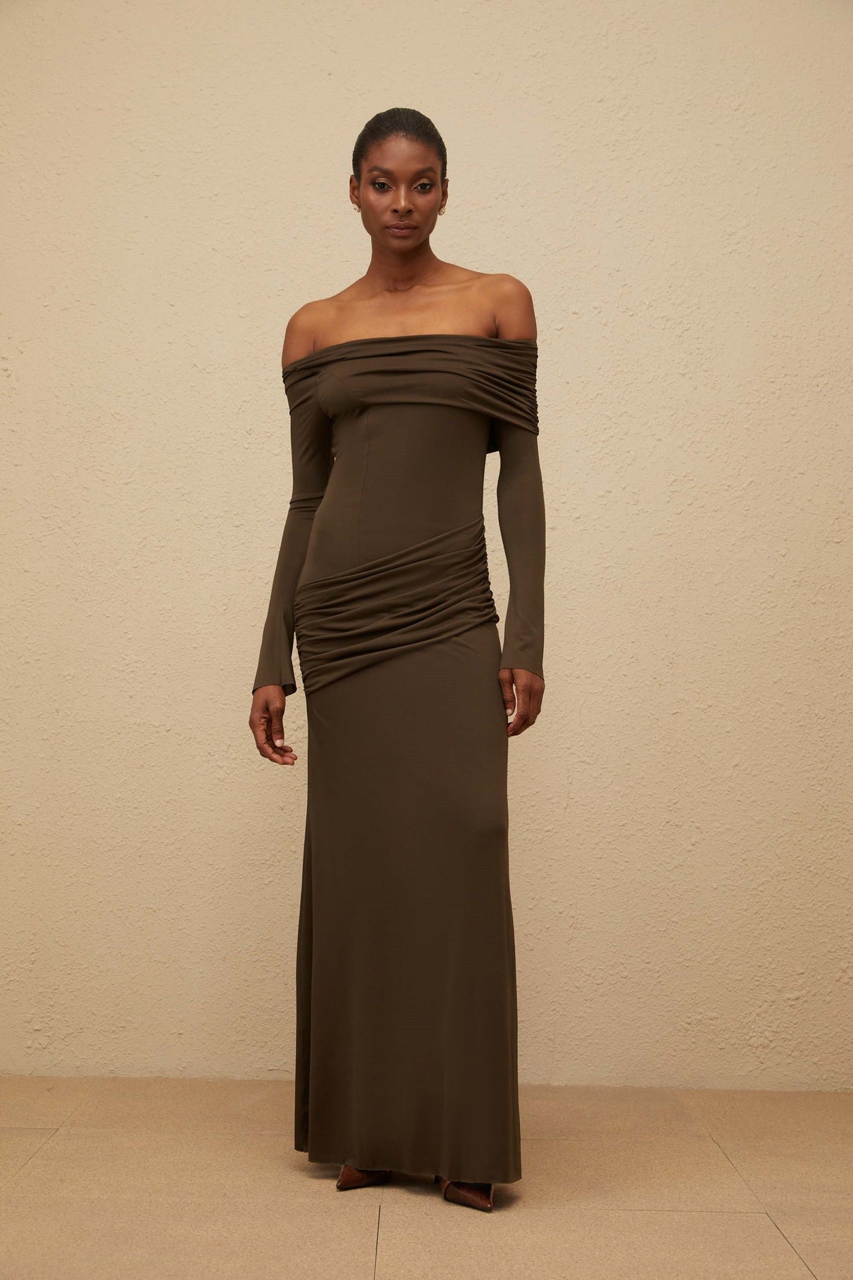 Aurohaya Sensuelle Green One-Shoulder Ruched Maxi Dress