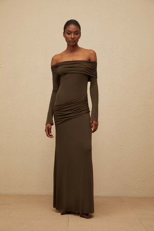 Aurohaya Sensuelle Green One-Shoulder Ruched Maxi Dress