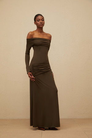 Aurohaya Sensuelle Green One-Shoulder Ruched Maxi Dress