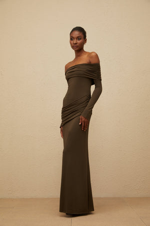 Aurohaya Sensuelle Green One-Shoulder Ruched Maxi Dress