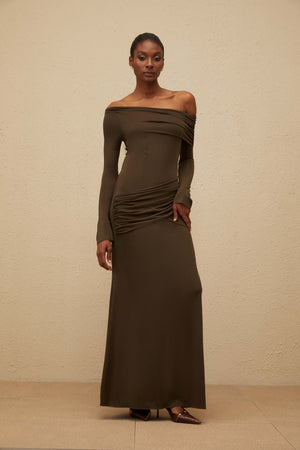 Aurohaya Sensuelle Green One-Shoulder Ruched Maxi Dress