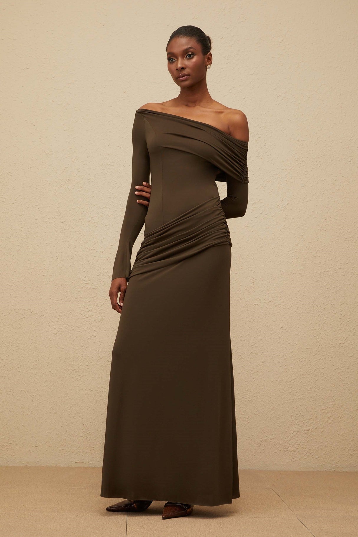 Aurohaya Sensuelle Green One-Shoulder Ruched Maxi Dress