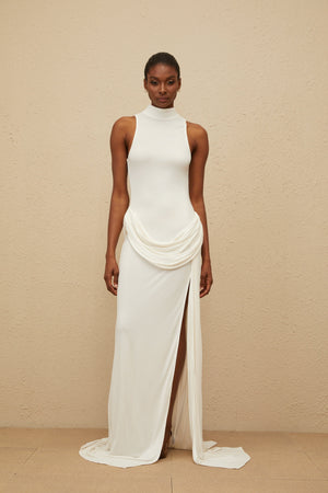 Aurohaya Mystérieuse White Turtleneck Draped Maxi Dress
