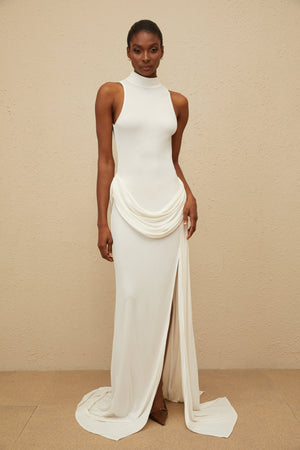 Aurohaya Mystérieuse White Turtleneck Draped Maxi Dress