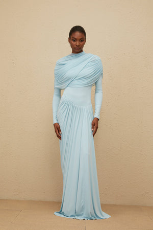 Aurohaya Catherine Baby-Blue Asymmetrical Pleated Long-Sleeve Maxi Dress