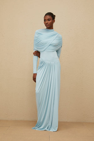 Aurohaya Catherine Baby-Blue Asymmetrical Pleated Long-Sleeve Maxi Dress