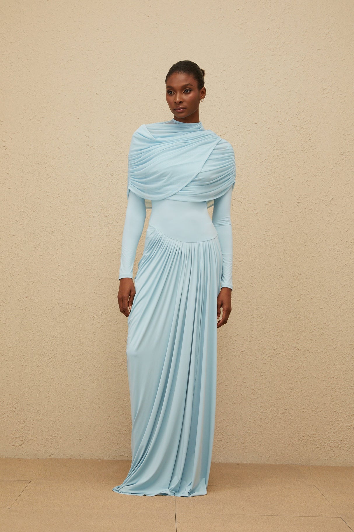 Aurohaya Catherine Baby-Blue Asymmetrical Pleated Long-Sleeve Maxi Dress