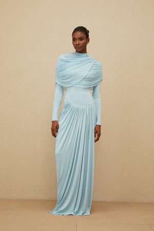 Aurohaya Catherine Baby-Blue Asymmetrical Pleated Long-Sleeve Maxi Dress