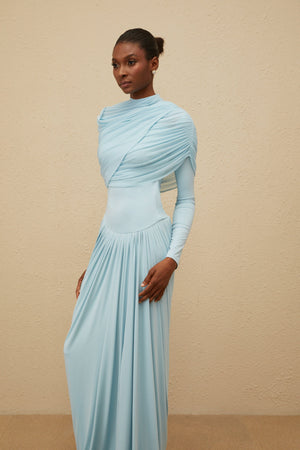 Aurohaya Catherine Baby-Blue Asymmetrical Pleated Long-Sleeve Maxi Dress