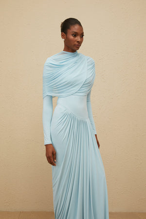 Aurohaya Catherine Baby-Blue Asymmetrical Pleated Long-Sleeve Maxi Dress