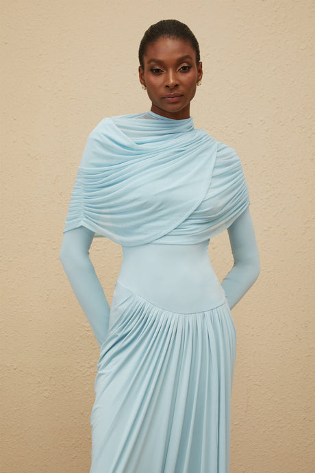 Aurohaya Catherine Baby-Blue Asymmetrical Pleated Long-Sleeve Maxi Dress