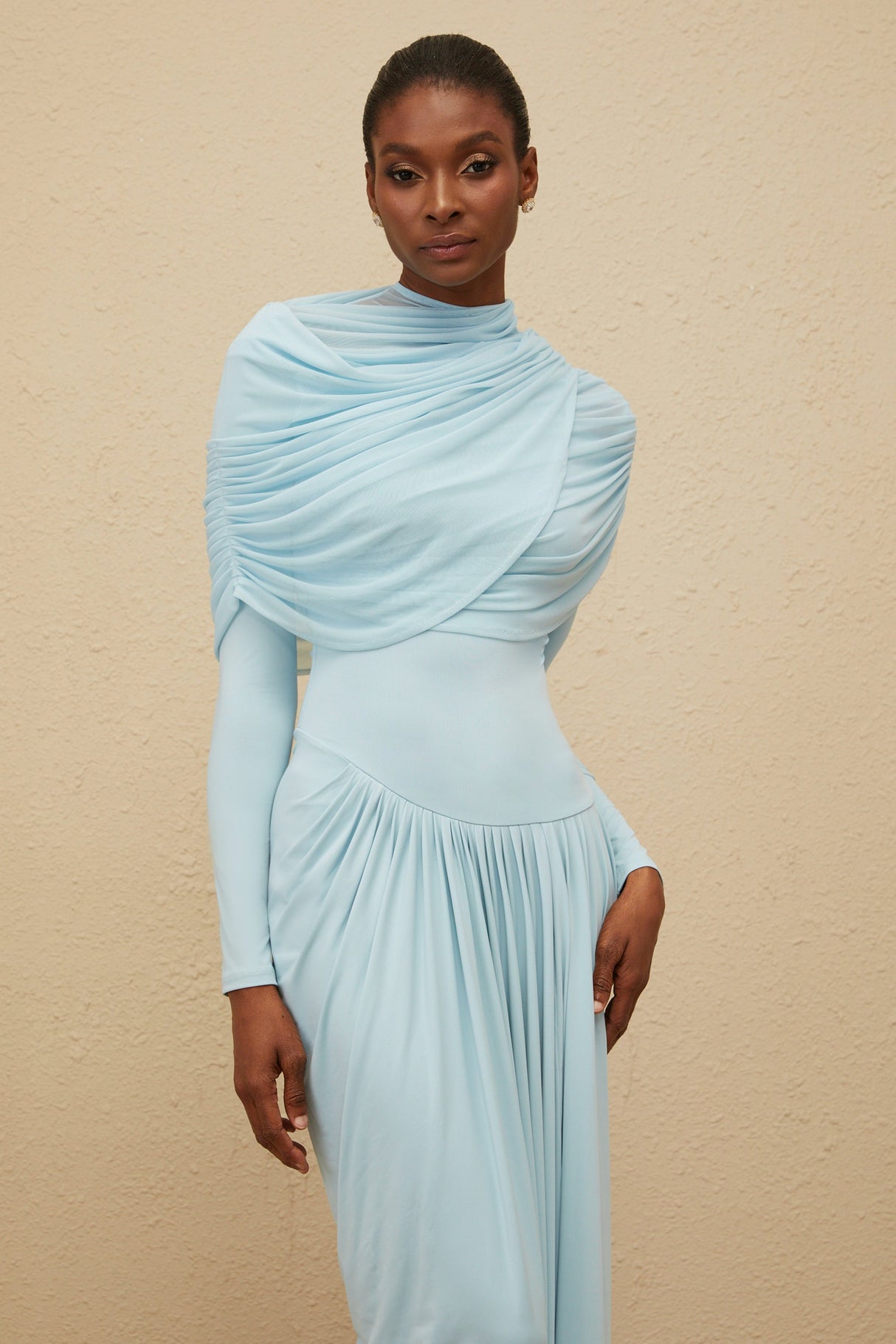 Aurohaya Catherine Baby-Blue Asymmetrical Pleated Long-Sleeve Maxi Dress