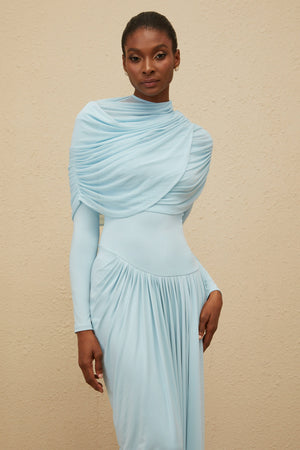Aurohaya Catherine Baby-Blue Asymmetrical Pleated Long-Sleeve Maxi Dress