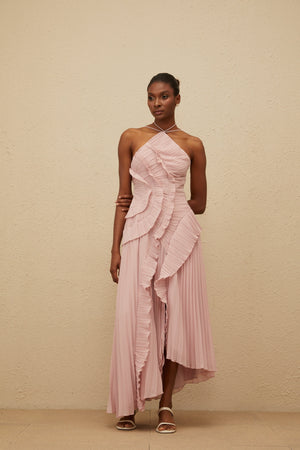 Aurohaya Doux Pink Ruffled Trim Pleated Midi Dress