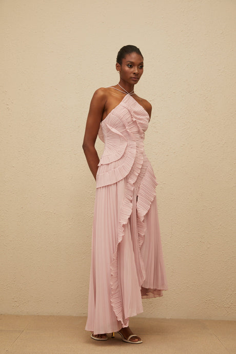 Aurohaya Doux Pink Ruffled Trim Pleated Midi Dress
