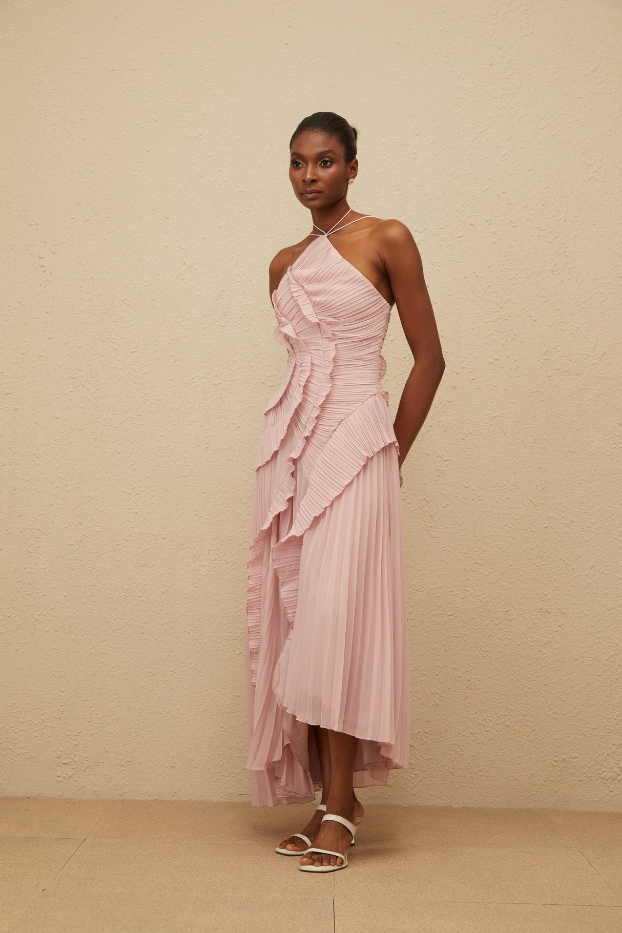 Aurohaya Doux Pink Ruffled Trim Pleated Midi Dress